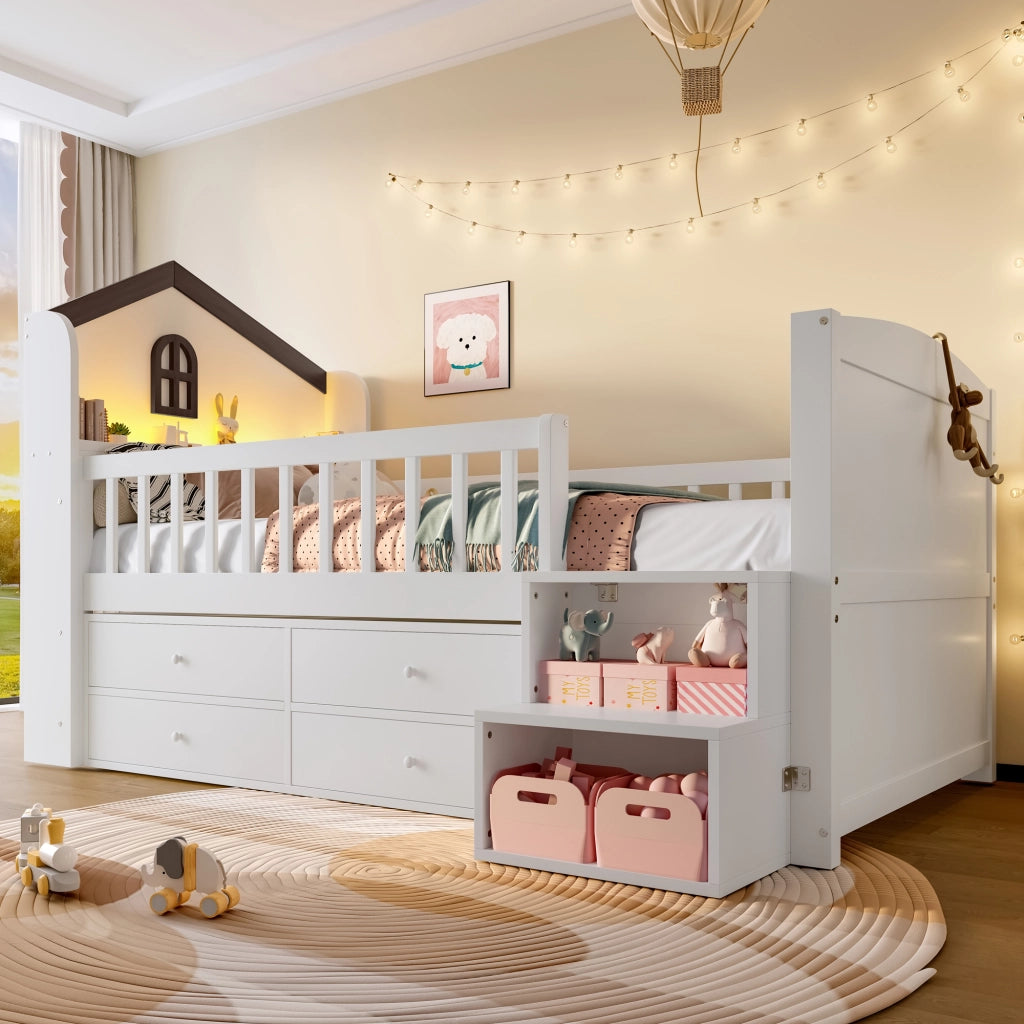 Letto a baldacchino bianco in pino con 4 cassetti LED e scala integrata 90x200 cm