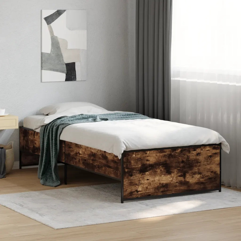 Letto singolo | Letto per adulti | Giroletto Rovere Fumo 90x190 cm in Legno Multistrato e Metallo