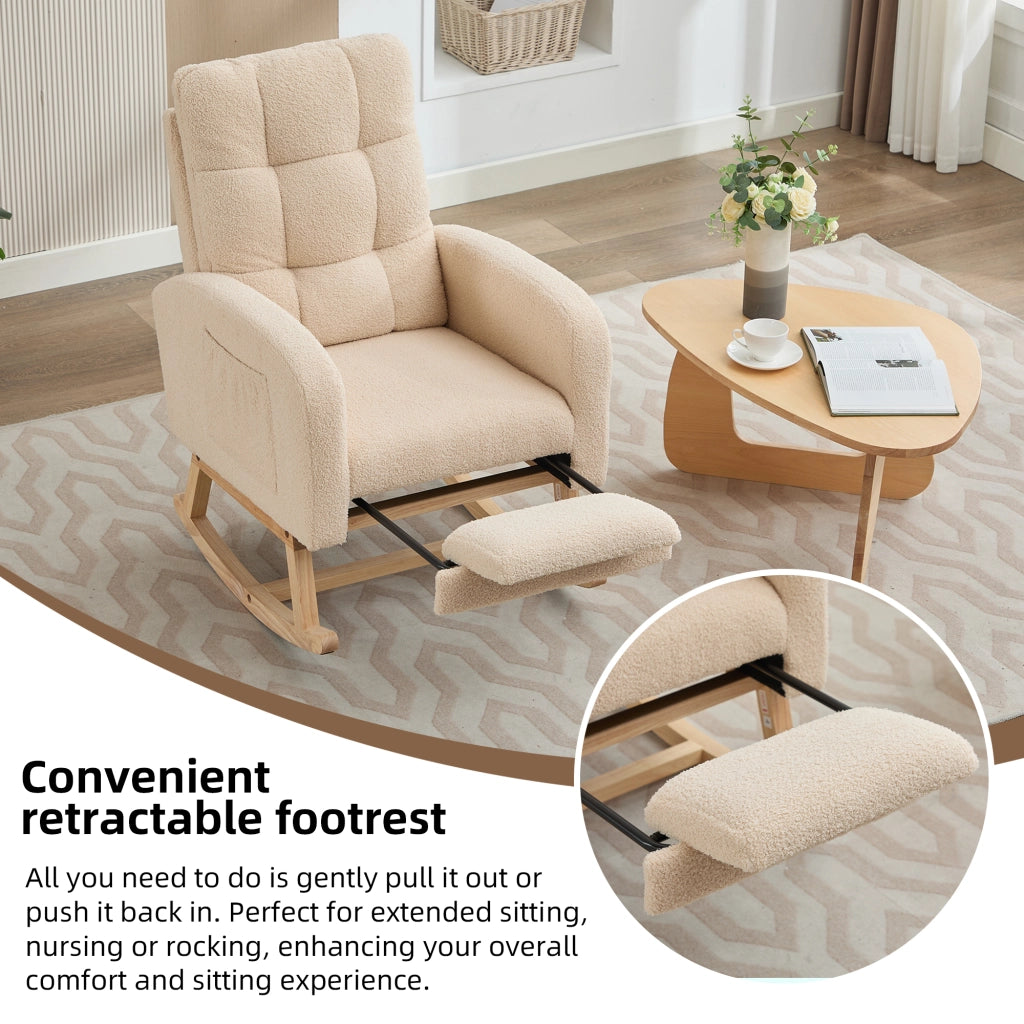Poltrona a dondolo ergonomica con tasca laterale e schienale alto in tessuto bouclé beige per relax 132 × 50 × 99 cm
