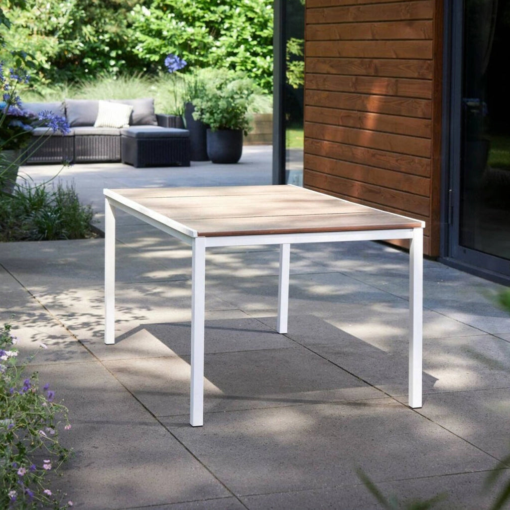 Tavolo da esterno Sarnia, Base per picnic, Piano da pranzo da giardino, Banco outdoor multiuso, 159x95 h75 cm, Rovere e Bianco