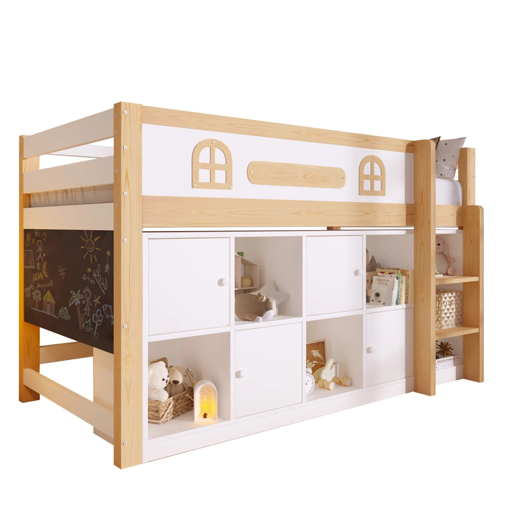 Letto a soppalco 90 × 200 cm 1 posto con lavagna; scomparti e scala; senza materasso; in pino e MDF; bianco e naturale