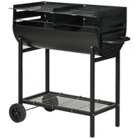 Barbecue in Acciaio con 2 Griglie Indipendenti, 2 Ruote e Ripiano Inferiore | Nero | 90cm x 45cm x 96cm