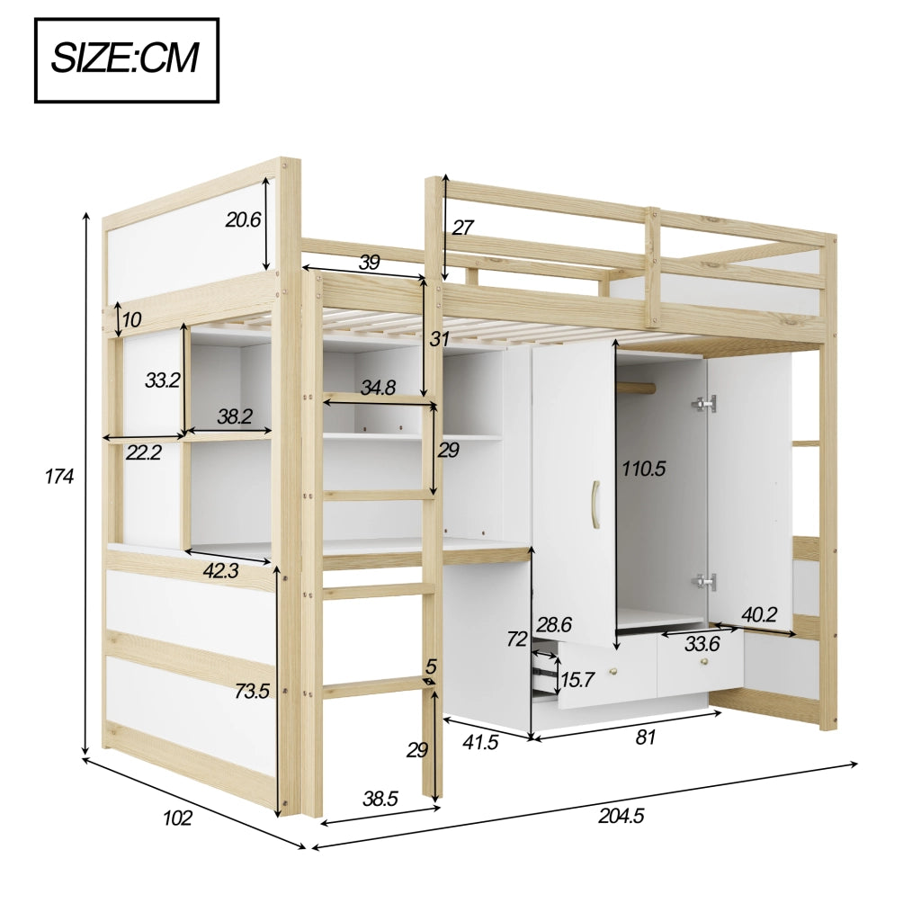LETTO A SOPPALCO 90 x 200 cm con scrivania, armadio e cassetti, legno naturale