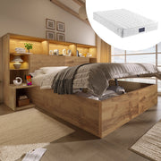 OKWISH Letto Contenitore 160×200 cm, Letto Matrimoniale con LED Regolabile, USB e Tipo C, Mensole e Comodini Integrati, con Materasso, Rovere