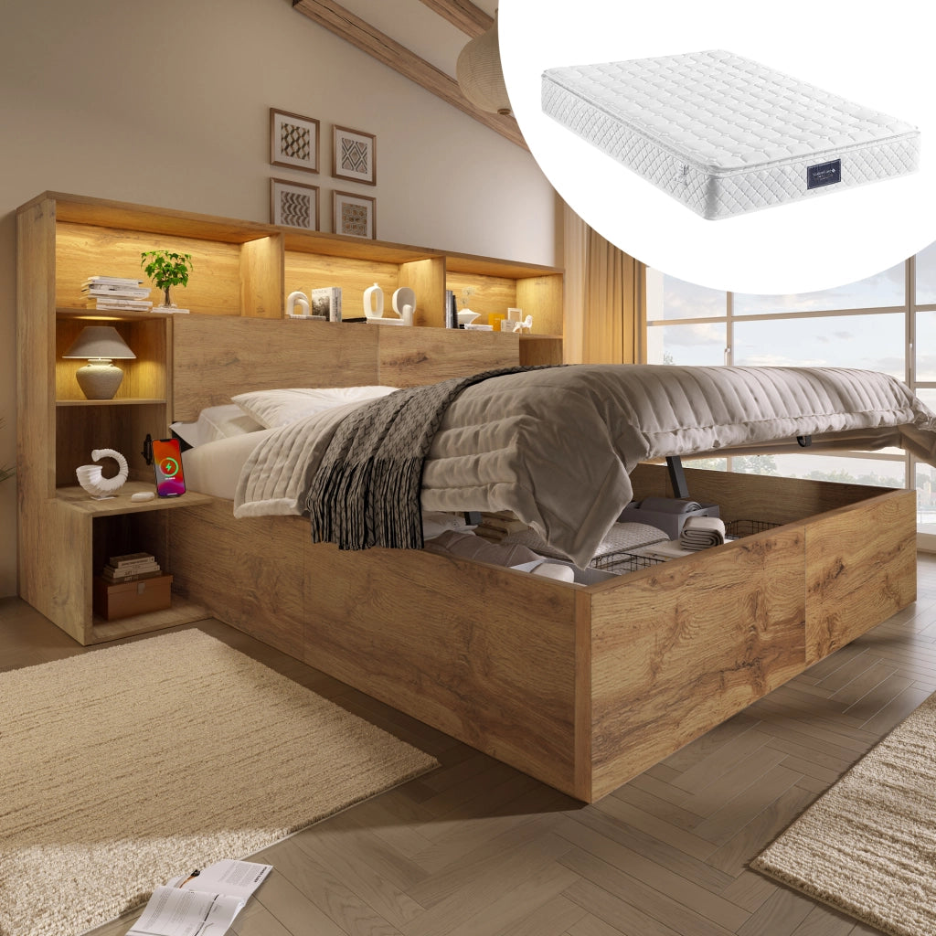 OKWISH Letto Contenitore 160×200 cm, Letto Matrimoniale con LED Regolabile, USB e Tipo C, Mensole e Comodini Integrati, con Materasso, Rovere