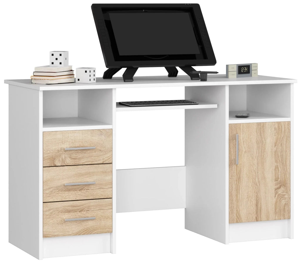 Scrivania AKORD ANA Bianco 124 cm 1 anta 3 cassetti inserto frontale Sonoma Quercia 124x52x74 cm