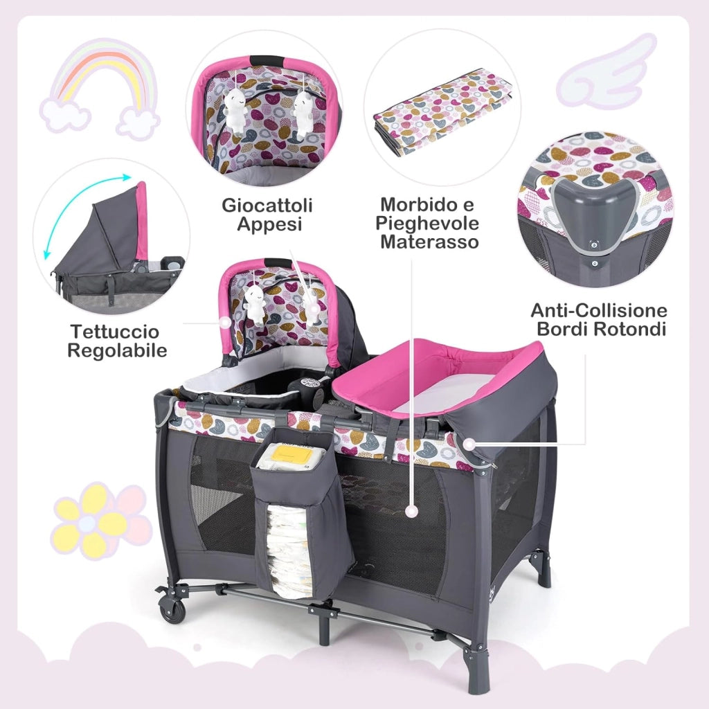 5 in 1 Culla Campeggio Bambini, Lettino Viaggio Neonati Pieghevole con Materasso, Fasciatoio, Box Portatile con Ruote, 2 Giocattoli e Carillon, per Bambini 0-3 Anni (Rosa Scuro)