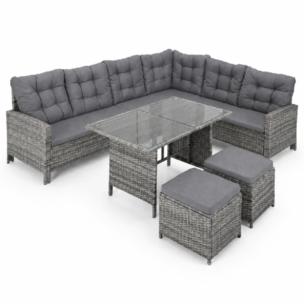 Set Da Giardino Angolare In Polyrattan Con Tavolino Doppio Piano Vetrato Due Pouf E Cuscini Morbidi Salotto Per Terrazza Veranda Balcone Zona Piscina Grigio