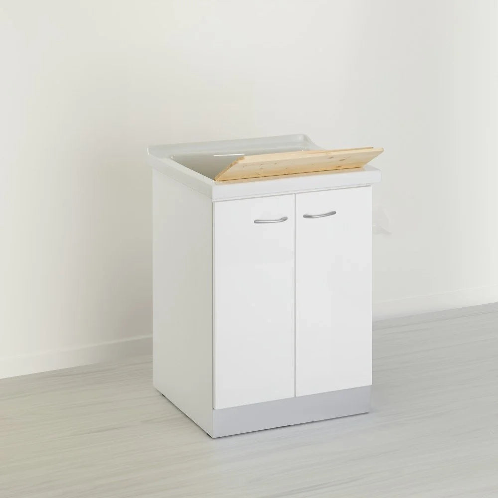 Mobile lavatoio 60x64 cm bianco con vasca in ceramica, fondo salvagoccia e asse in legno | Lavella