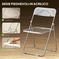 Set 4 Sedie Pieghevoli Salvaspazio per Soggiorno ed Eventi, Acciaio e Acrilico, Trasparente
