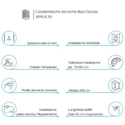 Doccia Walk-In 80 cm cristallo trasparente 6 mm H 200 cm Klug