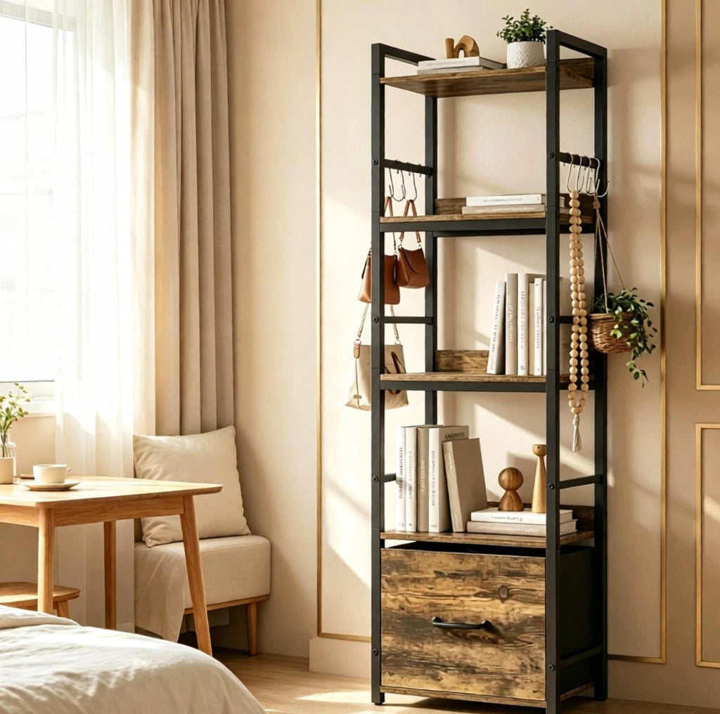 Libreria stretta 4 ripiani con cassetto e 8 ganci