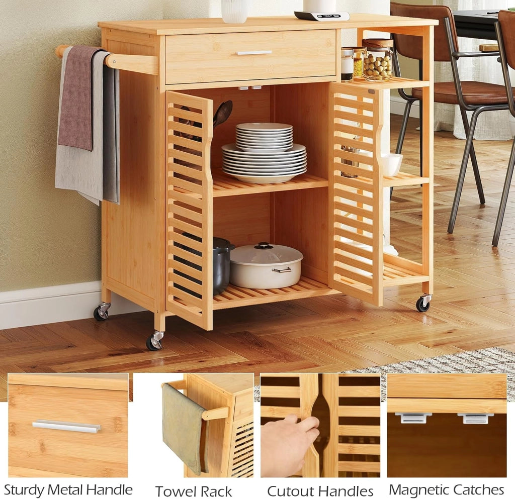 Carrello da cucina con ruote, isola cucina con cassetti, porta asciugamani, scaffali aperti, carrello da servizio, carrello in legno, carrello da cucina, 104 x 40 x 89 cm