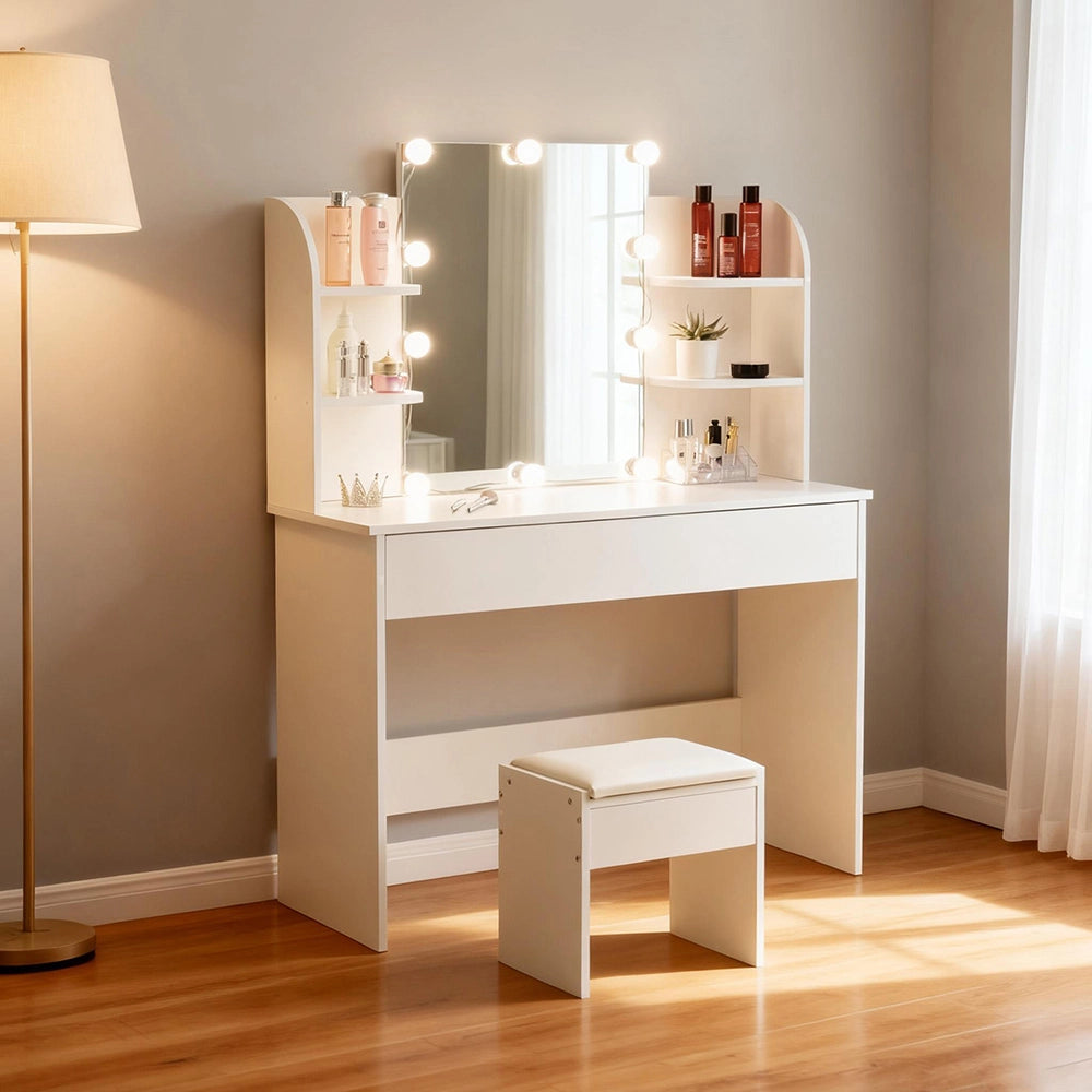 Toeletta con specchio - Xylo - LED, sgabello e 3 cassetti, bianco