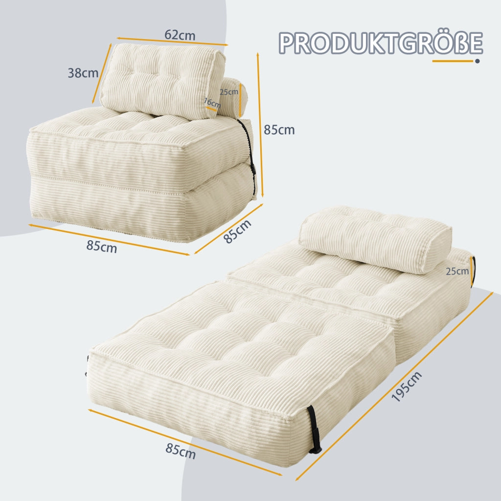 Pouf, divano letto pieghevole, velluto a coste, schienale regolabile, pronto all'uso, beige
