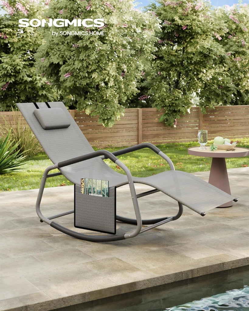 SONGMICS Sedia a Dondolo, Sedia a Sdraio con Fermi Antiribaltamento, Cuscino Regolabile, Telaio in Acciaio, Tessuto Respirante, Tasca Portaoggetti, 156,2 x 97,3 x 151 cm, Grigio Tortora GCB230G01
