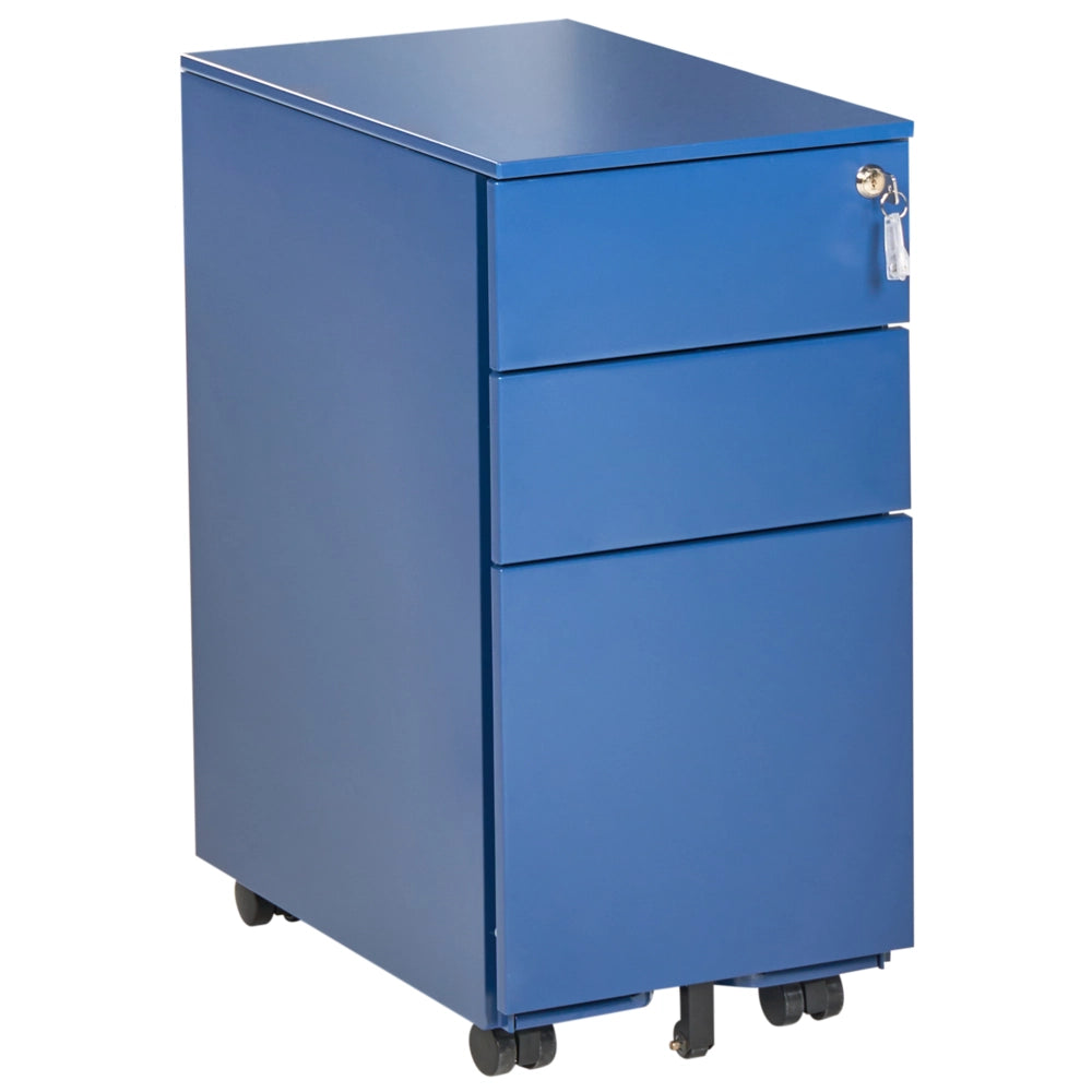 Mobiletto Portaoggetti in Metallo blu con 3 Cassetti con serratura a chiave e ruote industriali moderno Home Office Garage
