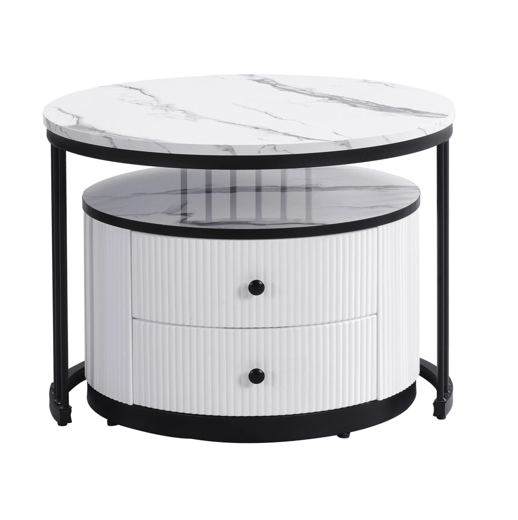 Set di 2 tavolini da caffè rotondi con finitura effetto marmo lucido; bianco e nero; MDF