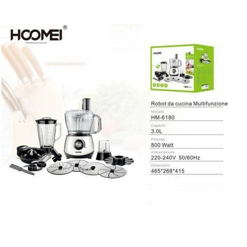 Trade Shop - Robot Da Cucina Multifunzione In Abs E Acciaio Inox 800 Watt 3lt Hoomei Hm-6180 -