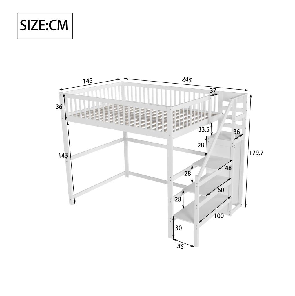 Letto a soppalco 140x200 cm in legno bianco con scala di sicurezza e armadio integrato