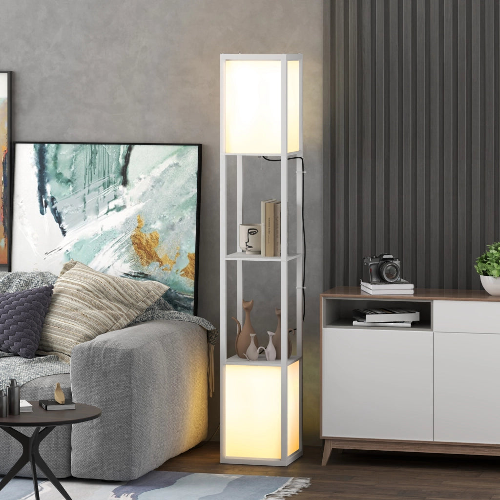 Lampada da Terra Moderna con 2 Paralumi e 2 Ripiani per Lampadine E27 Max. 40W, 26x26x156 cm, Bianco