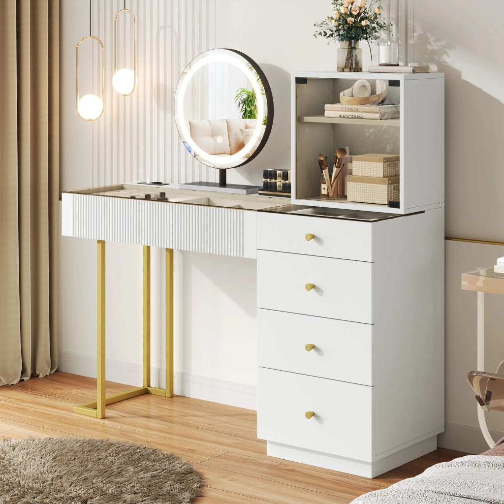 Tavolo da toeletta con specchio LED; piano vetro temperato; 5 cassetti e 1 mobiletto; Bianco; B120×P40×H120cm