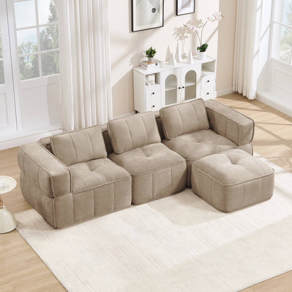Divano modulare angolare 3 posti con pouf e seduta profonda - in poliestere - sand 271×162×67 cm