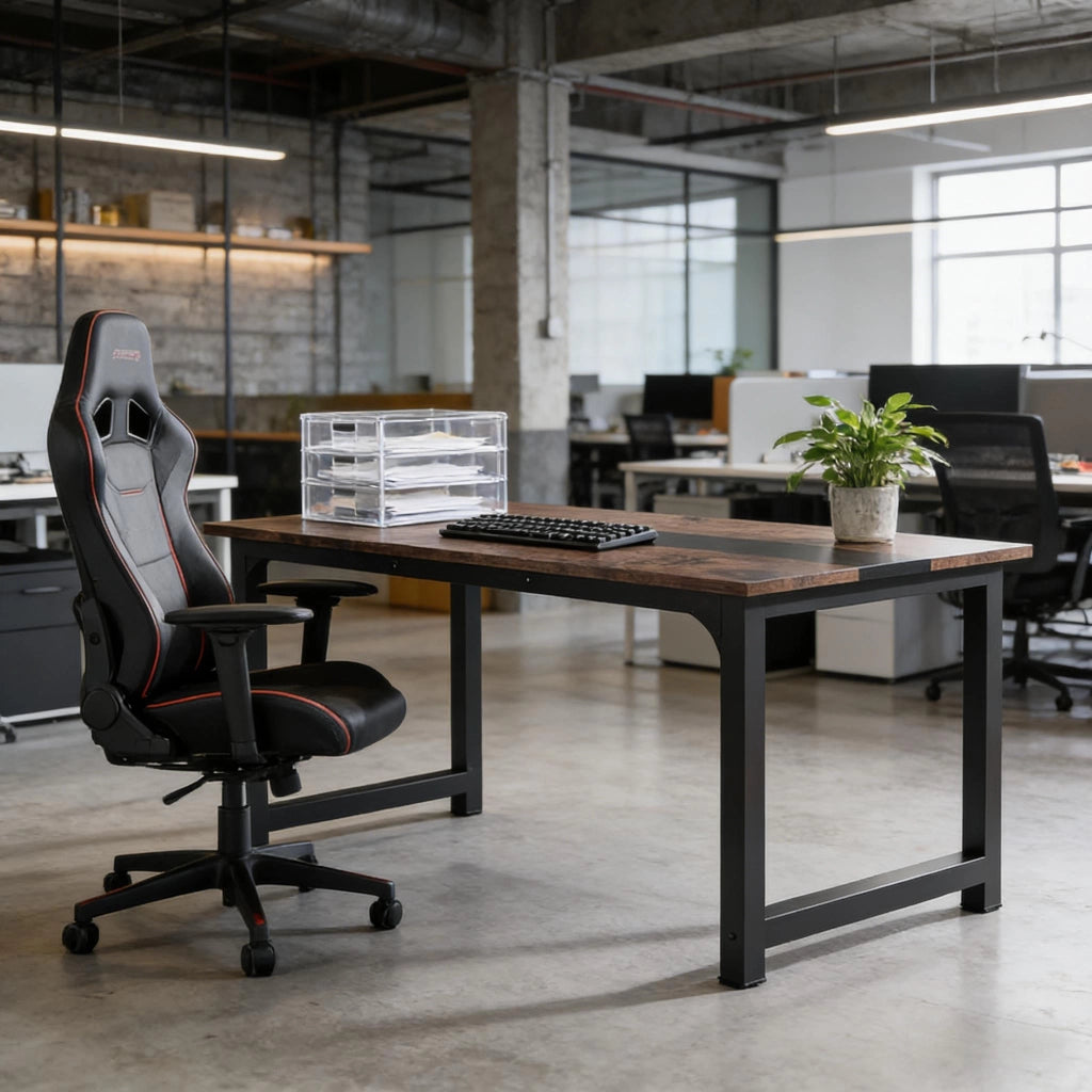 Scrivania lineare con ampio piano, struttura in metallo e legno, per home office, nero rustico, 160 × 80 × 75 cm