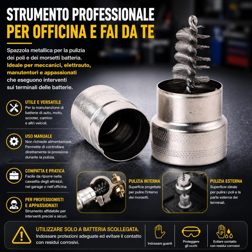 Spazzola Poli Batteria Auto Pulitore Morsetti Acciaio FS-22011