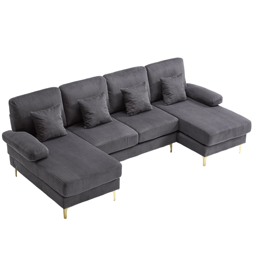 Divano a U con LED e porta USB 265x135x88 cm; in velluto grigio