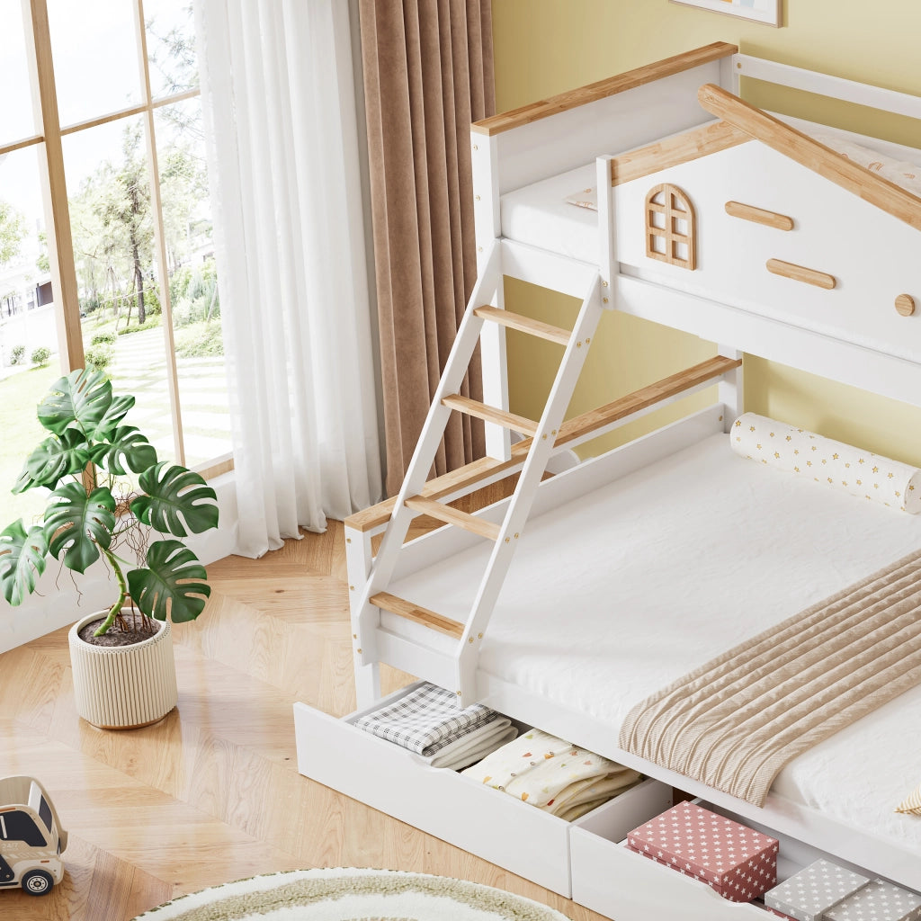 Letto a Castello Letto per Bambini 90x200 cm e 140x200 cm; 2 Cassetti; Mensole e Scala inclinata