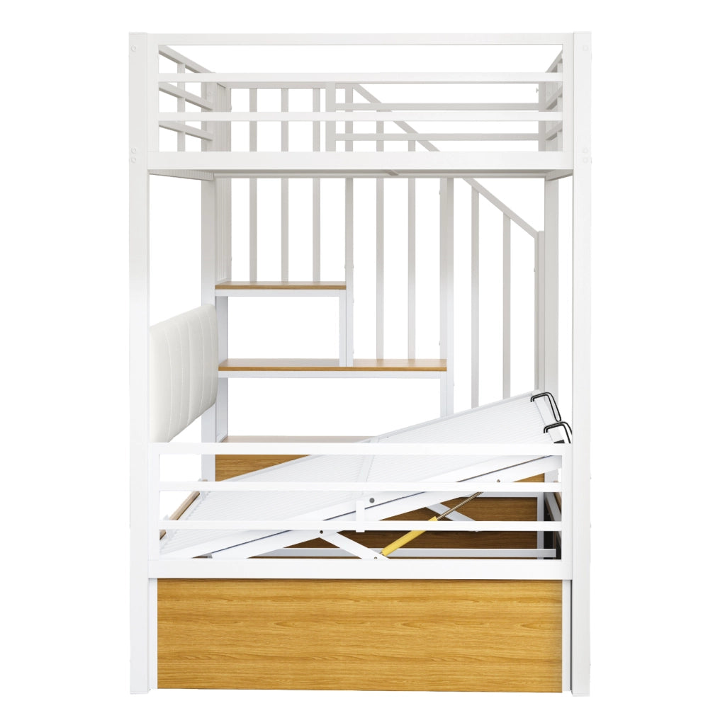 Letto a soppalco multifunzione 90x200 cm bianco in metallo; MDF e compensato; con scala contenitore