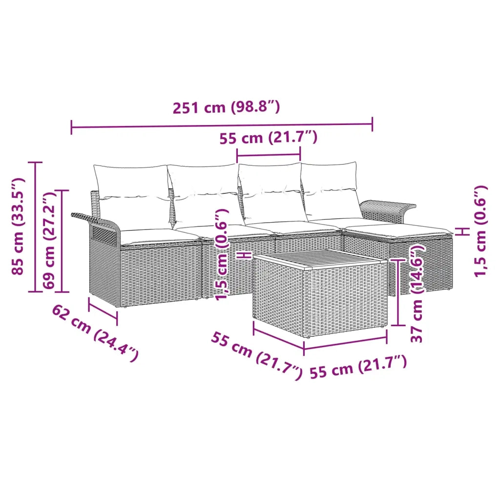 Set Divano da Giardino con cuscino 6 pcs Grigio polyrattan