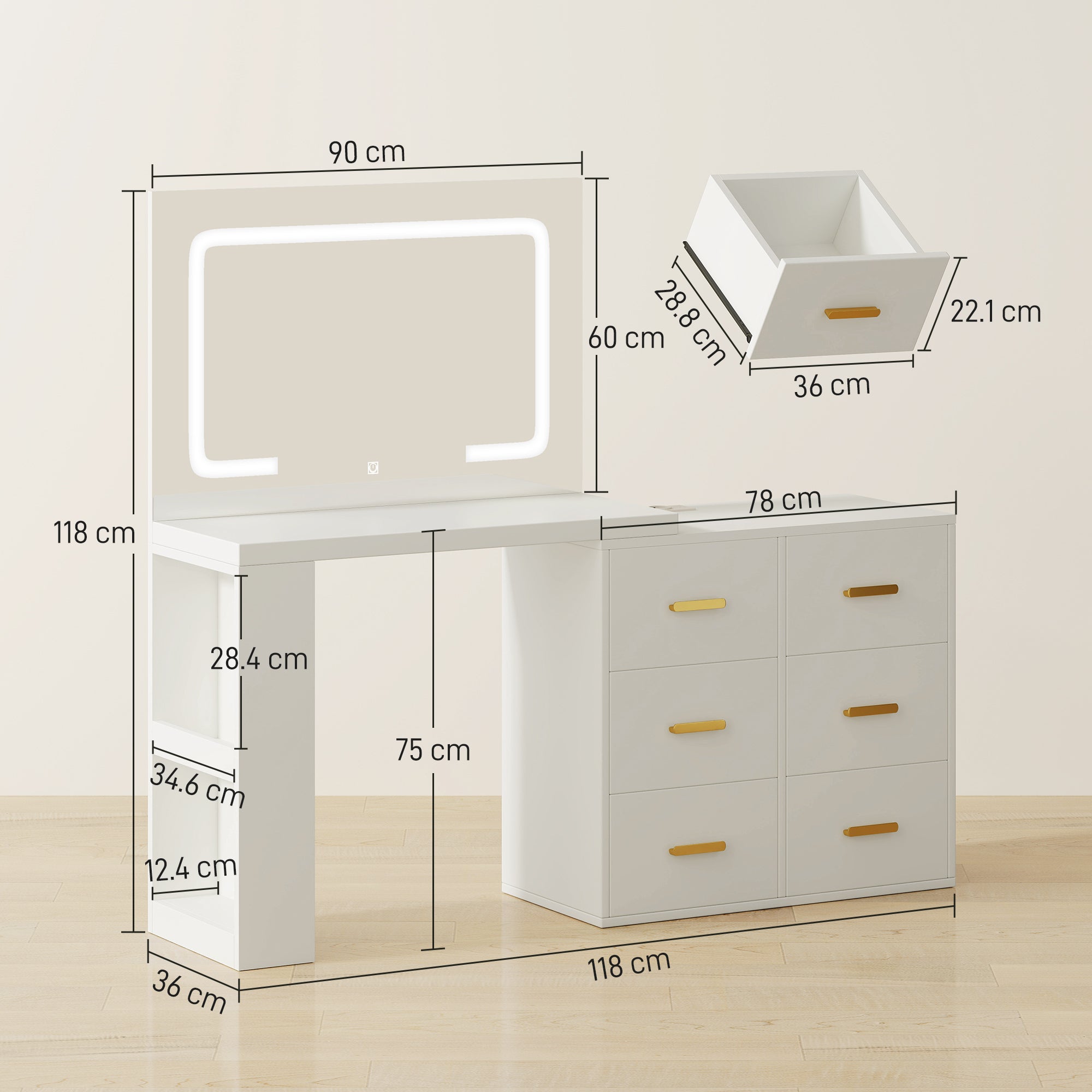 Consolle Trucco con Specchio 118x78x135 cm con Specchio e Luci LED Regolabili in MDF Bianco