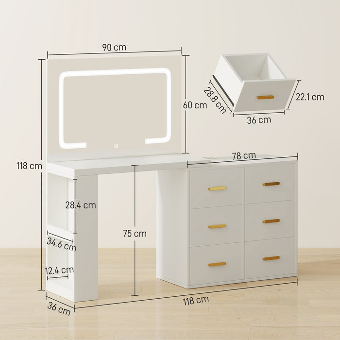 Consolle Trucco con Specchio 118x78x135 cm con Specchio e Luci LED Regolabili in MDF Bianco