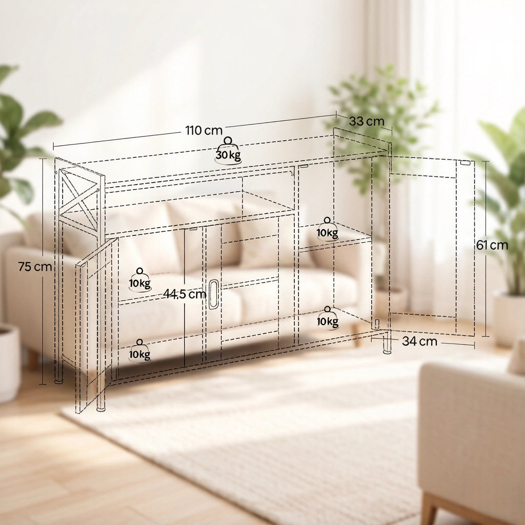 Credenza e madia con vano aperto e 2 ante, per cucina e soggiorno, in legno e metallo, marrone, 110 × 33 × 75 cm