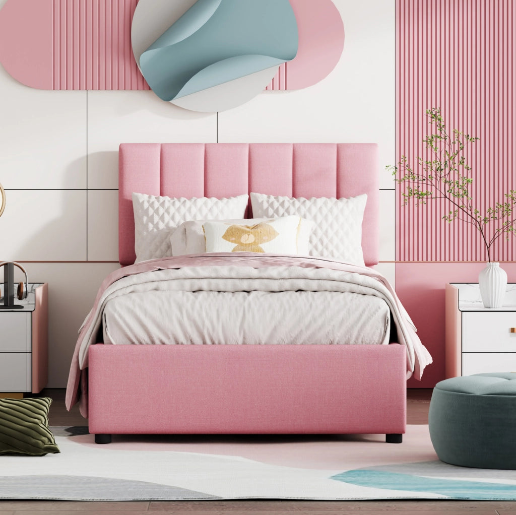 Letto imbottito per bambini 90x200 cm con contenitore idraulico; tessuto lino rosa