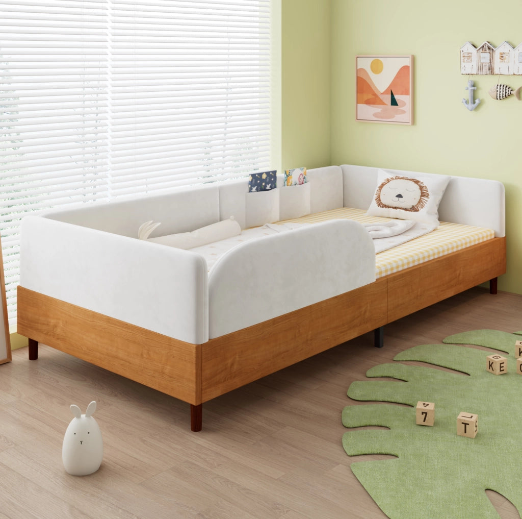 Letto imbottito singolo in velluto e legno con tasche portaoggetti, 90x200 cm