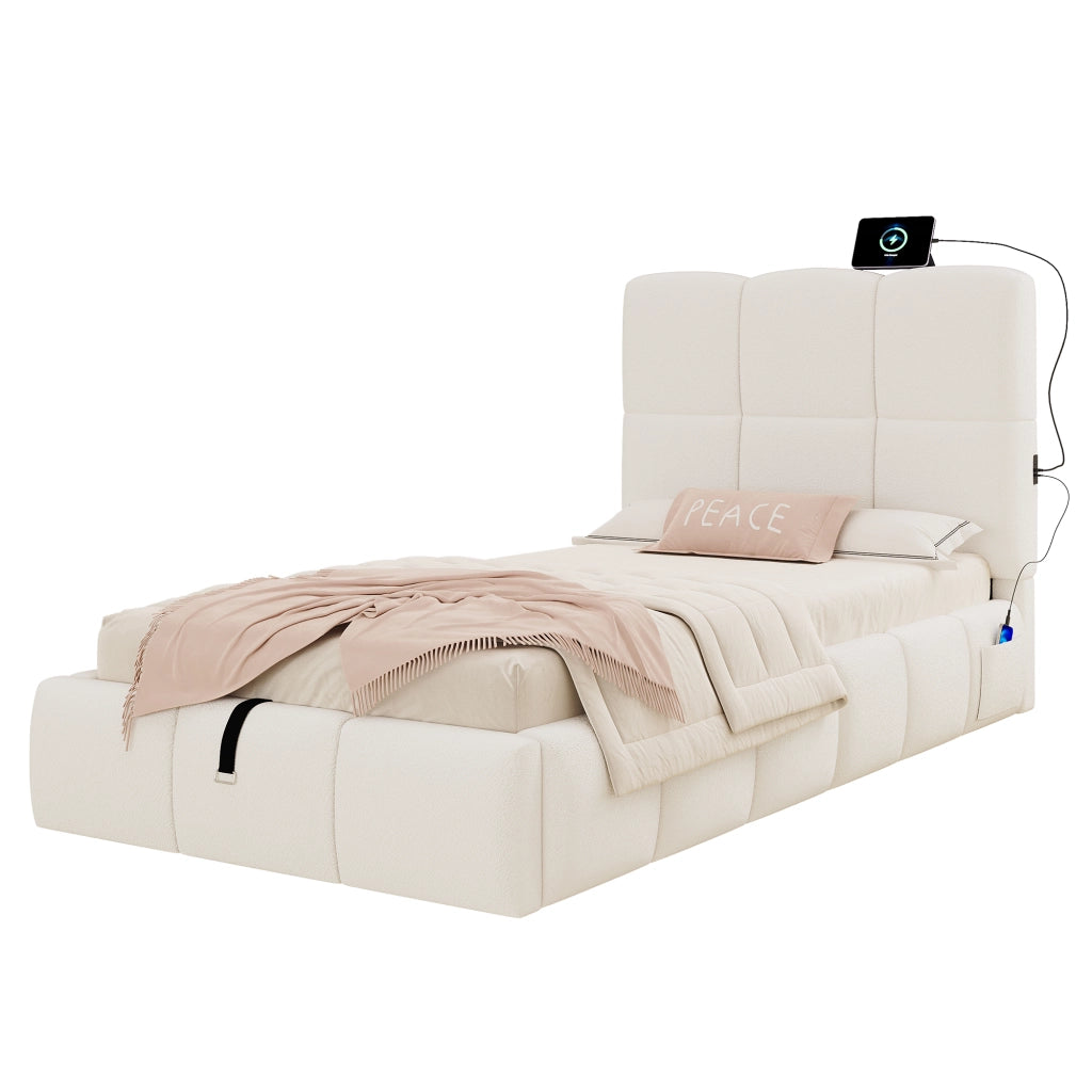 Letto singolo imbottito 90x200 cm con contenitore idraulico, rete a doghe, USB-C e rivestimento bouclé beige
