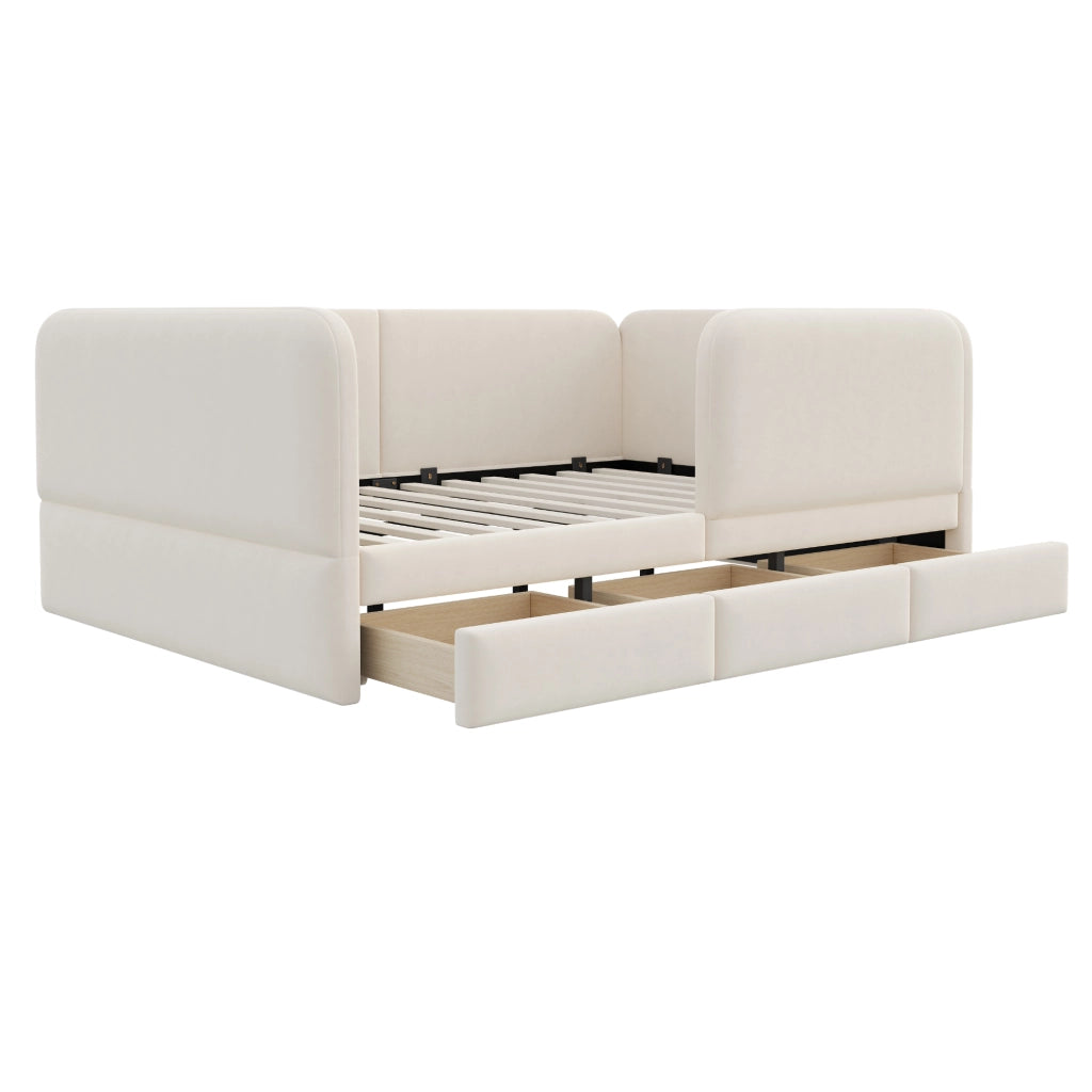 Letto imbottito per bambini 140x200 cm con bordo di sicurezza; angoli arrotondati e cassetto; velluto beige