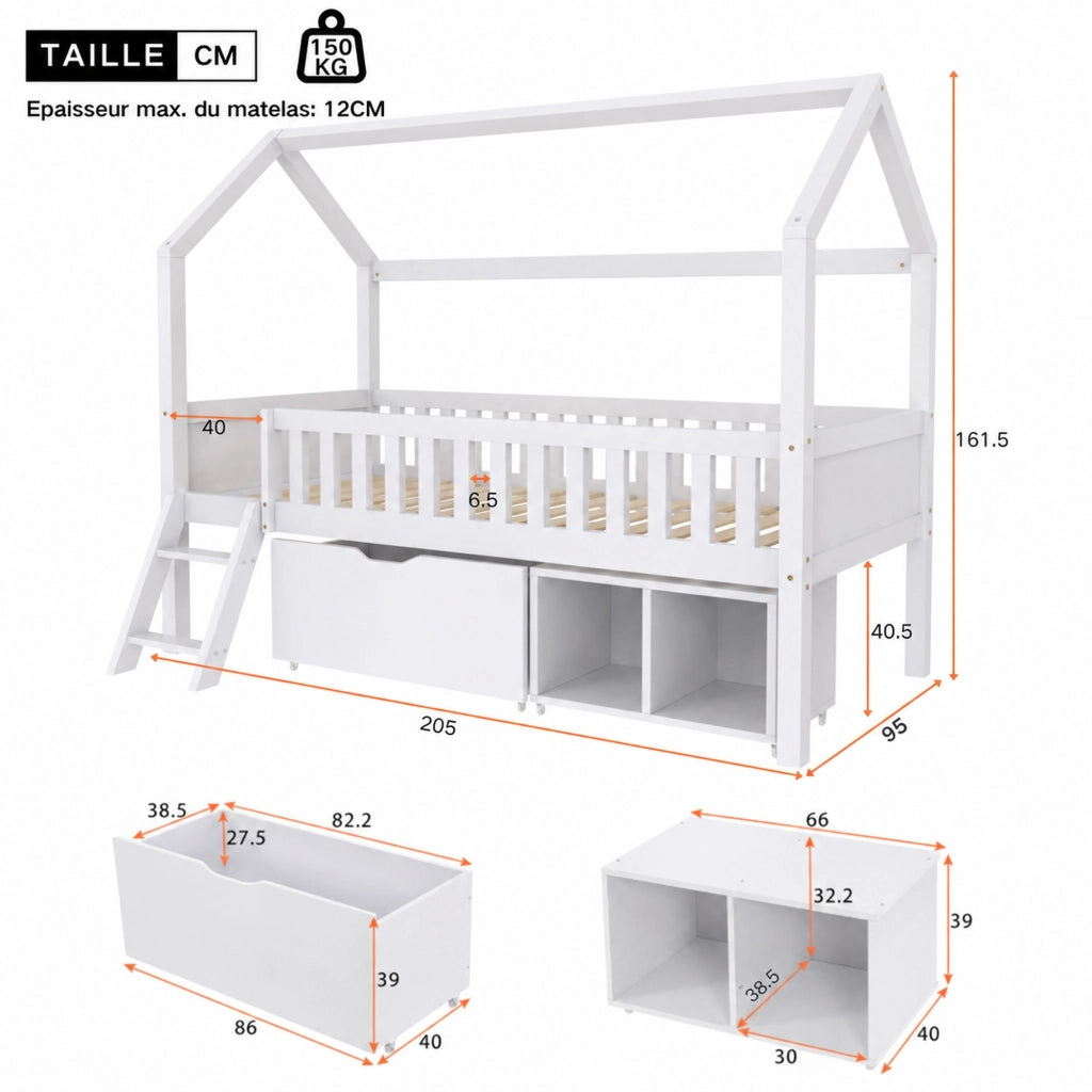 DESMIU Letto a Casetta per Bambini 1 Posto con Contenitori Sottoletto e Sponde 90 × 200 cm, Senza Materasso, Bianco