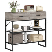 Consolle da Ingresso con 2 Cassetti, 2 Ripiani e Gancio Laterale, in Legno e Metallo, 100x35x92 cm, Nero e Legno