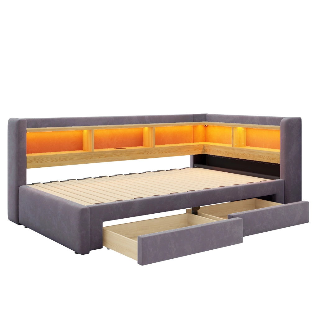 Divano letto estraibile 3 in 1 90x200 cm con cassetti; LED e presa; grigio