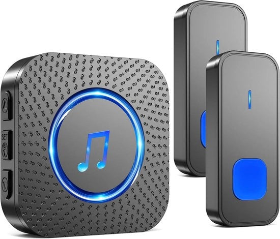 Draadloso Doorbello con 400m di Raggio e Costruzione Idroresistente, 2 Trasmettitori, 55 Melodie, Display a LED, Collegamento a Fiammella e Batteria per Esterno