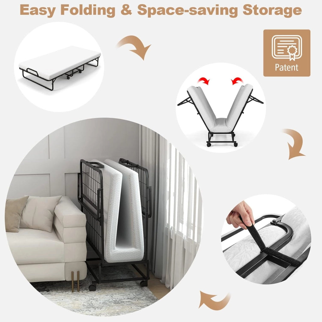 Letto Pieghevole con Materasso 190 cm, Letto per Ospiti a Scomparsa con Materasso in Memory Foam, Lettino Pieghevole Portatile su Ruote per Soggiorno, Camera, Ufficio