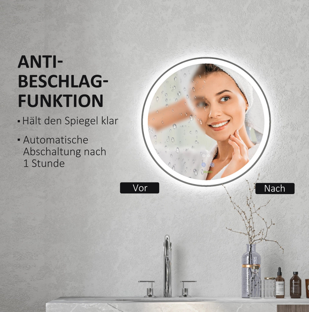 Specchio da bagno LED Ø 60 cm con touch, funzione memoria e antiappannamento, cornice in alluminio