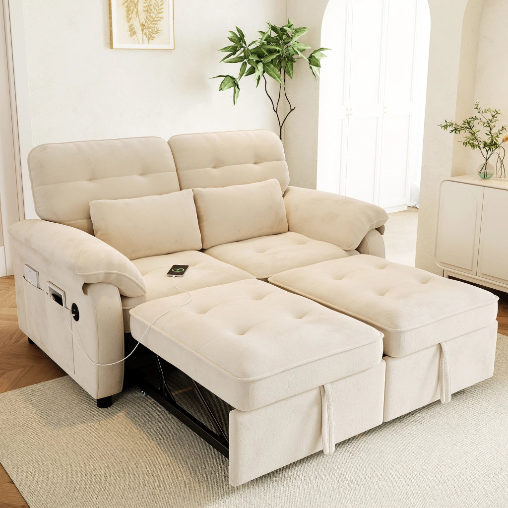 Divano letto 3 in 1 convertibile 142 cm in chenille beige con porta USB e Type-C