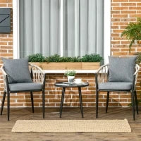 Set da Giardino 2 Persone da 3 Pezzi, 2 Poltrone con Cuscini, Tavolino Rotondo con Piano in Vetro Temperato, Corda Intrecciata, Grigio