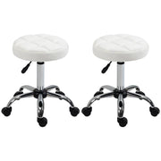SGABELLO GIREVOLE ROTONDO CON RUOTE, ALTEZZA REGOLABILE E RIVESTIMENTO IN FINTA PELLE, BIANCO