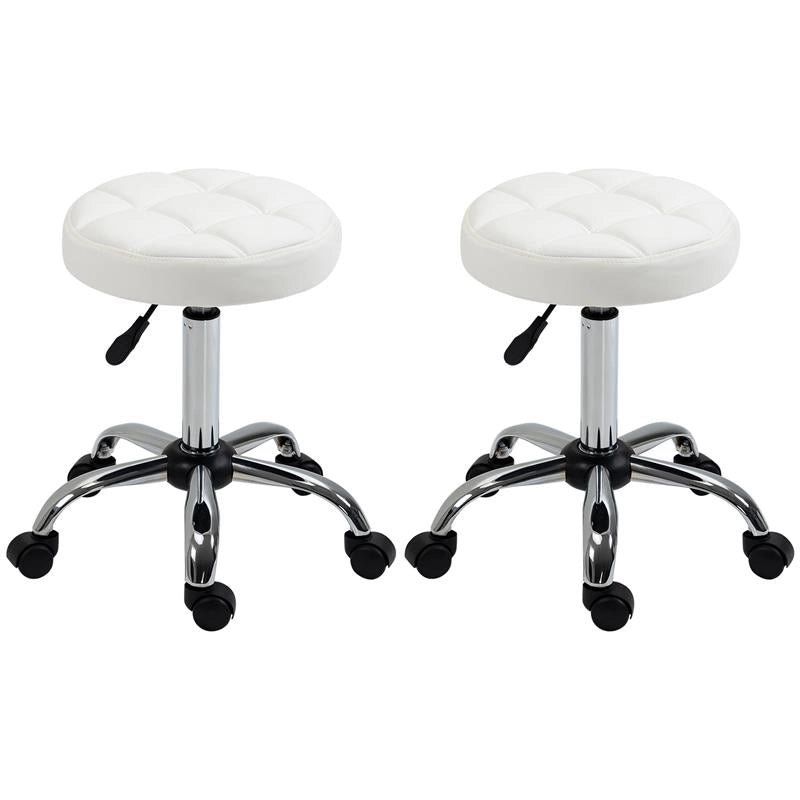 SGABELLO GIREVOLE ROTONDO CON RUOTE, ALTEZZA REGOLABILE E RIVESTIMENTO IN FINTA PELLE, BIANCO